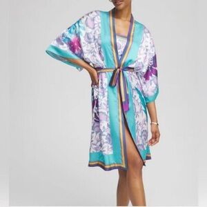 Gottex Turquoise & Purple Floral Satin Kimono Coverup